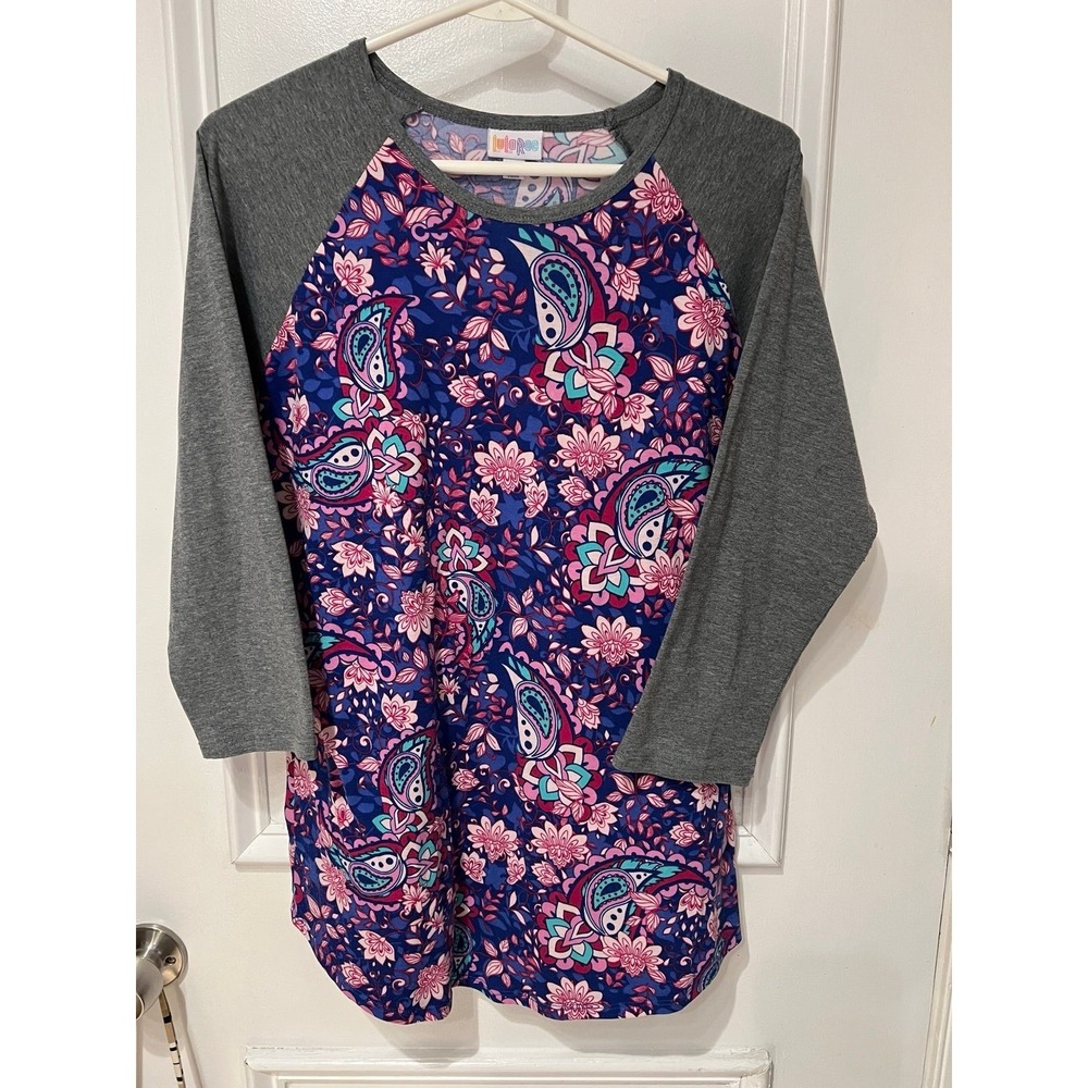 LuLaRoe Floral Paisley Gray Sleeves Baseball Tee womens Large (2458)